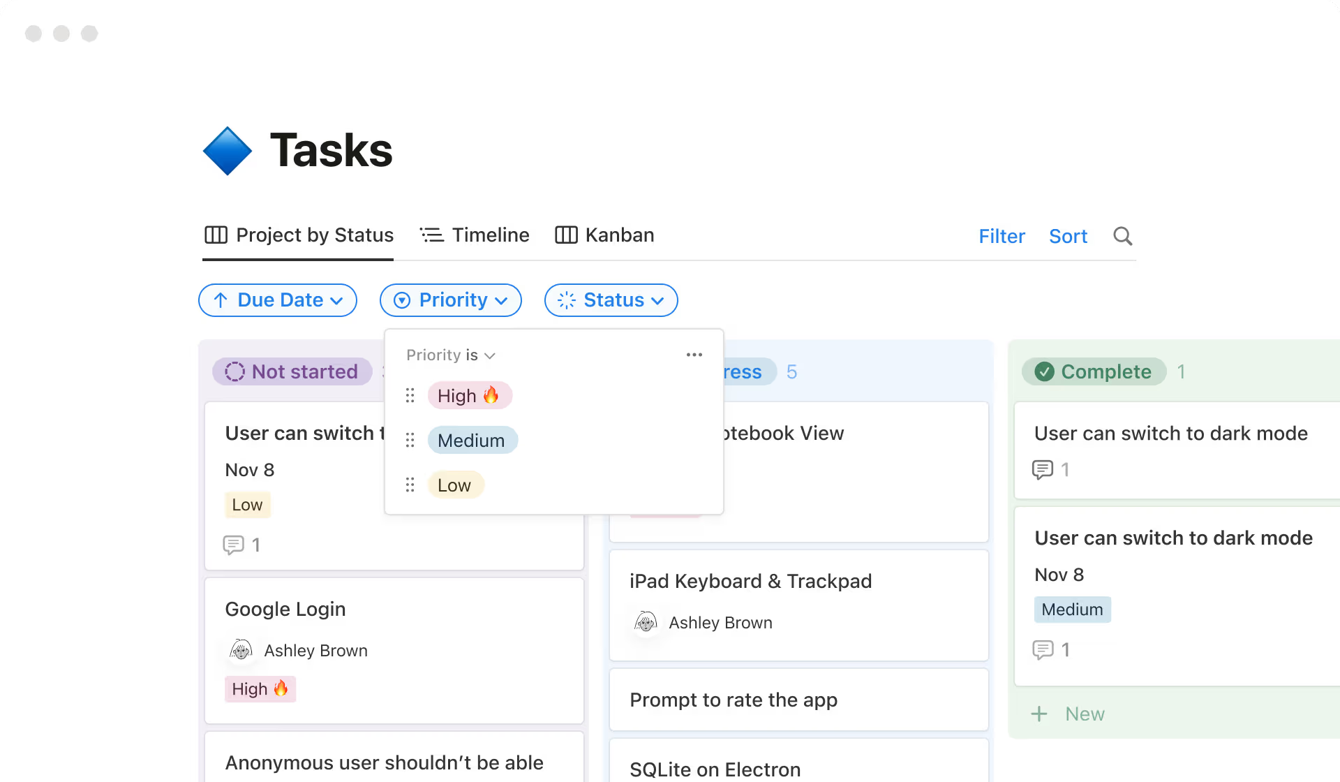 Notion — Filtered Kanban board