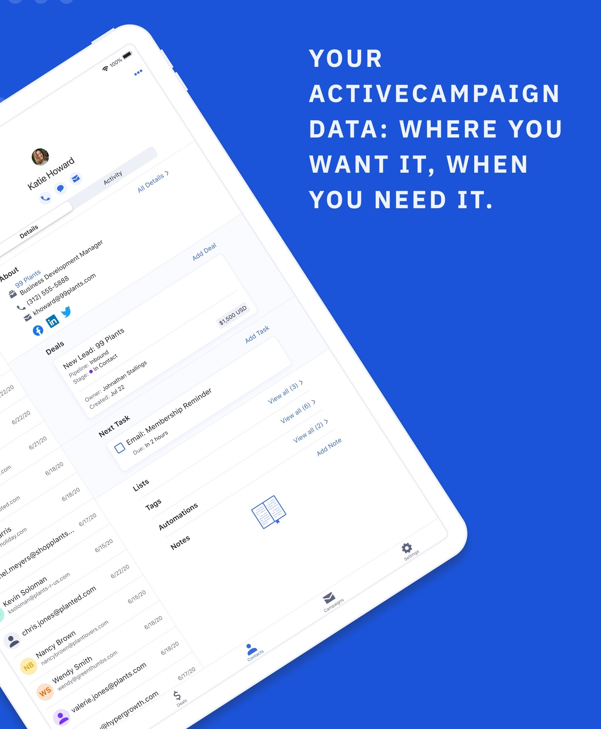 ActiveCampaign data on your tablet (App Store screenshot)