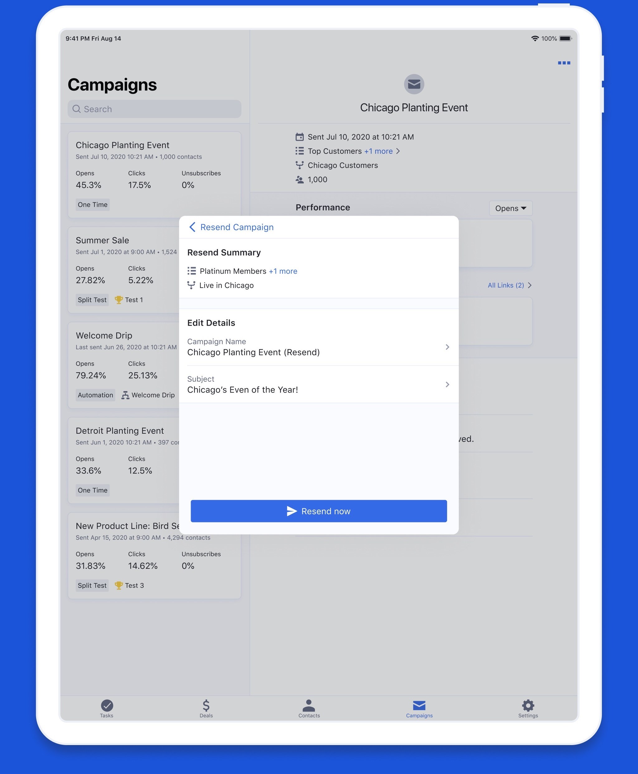 ActiveCampaign resend campaigns (App Store screenshot)