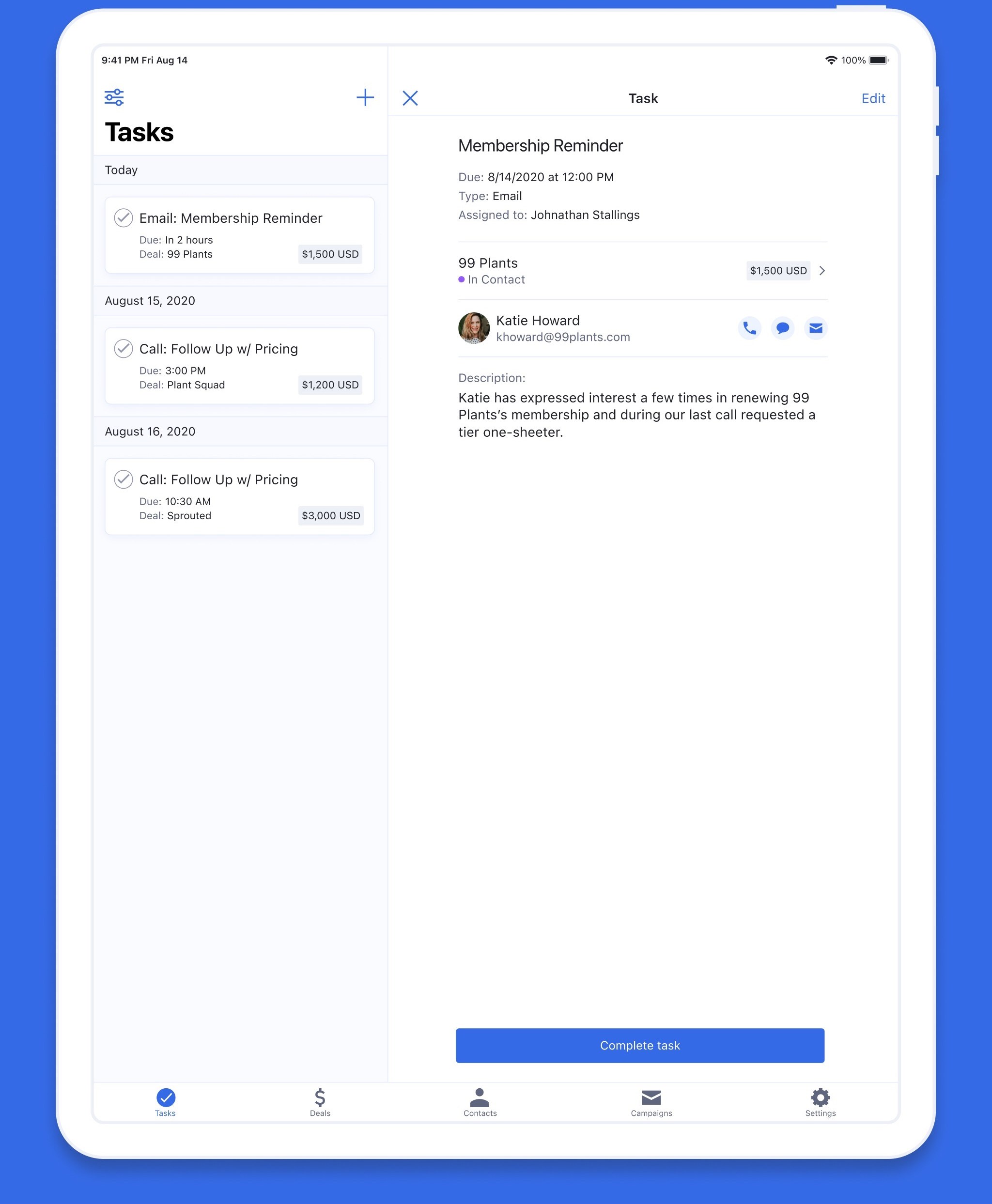 ActiveCampaign tasks and activity tracking (App Store screenshot)