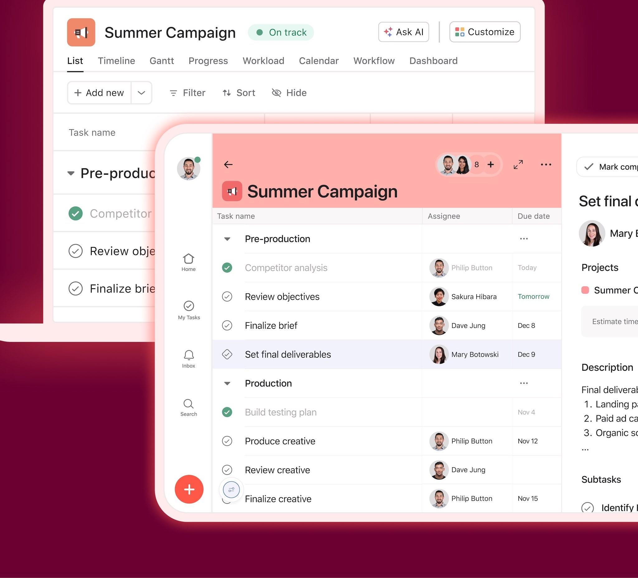 Asana project in List view with the task detail pane (App Store screenshot)