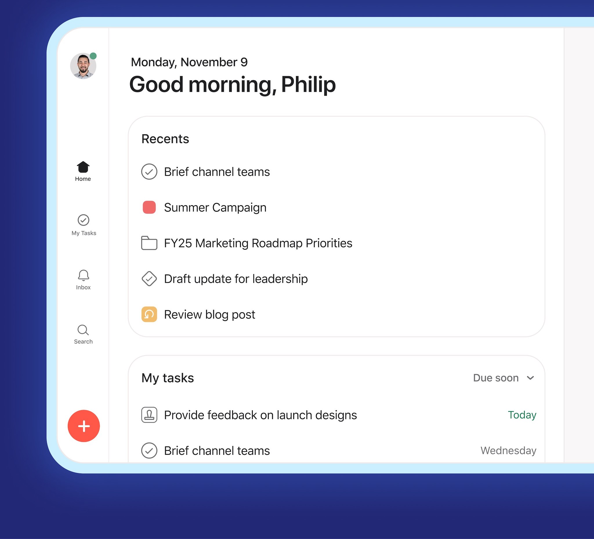 Asana Home with recent items and My tasks (App Store screenshot)