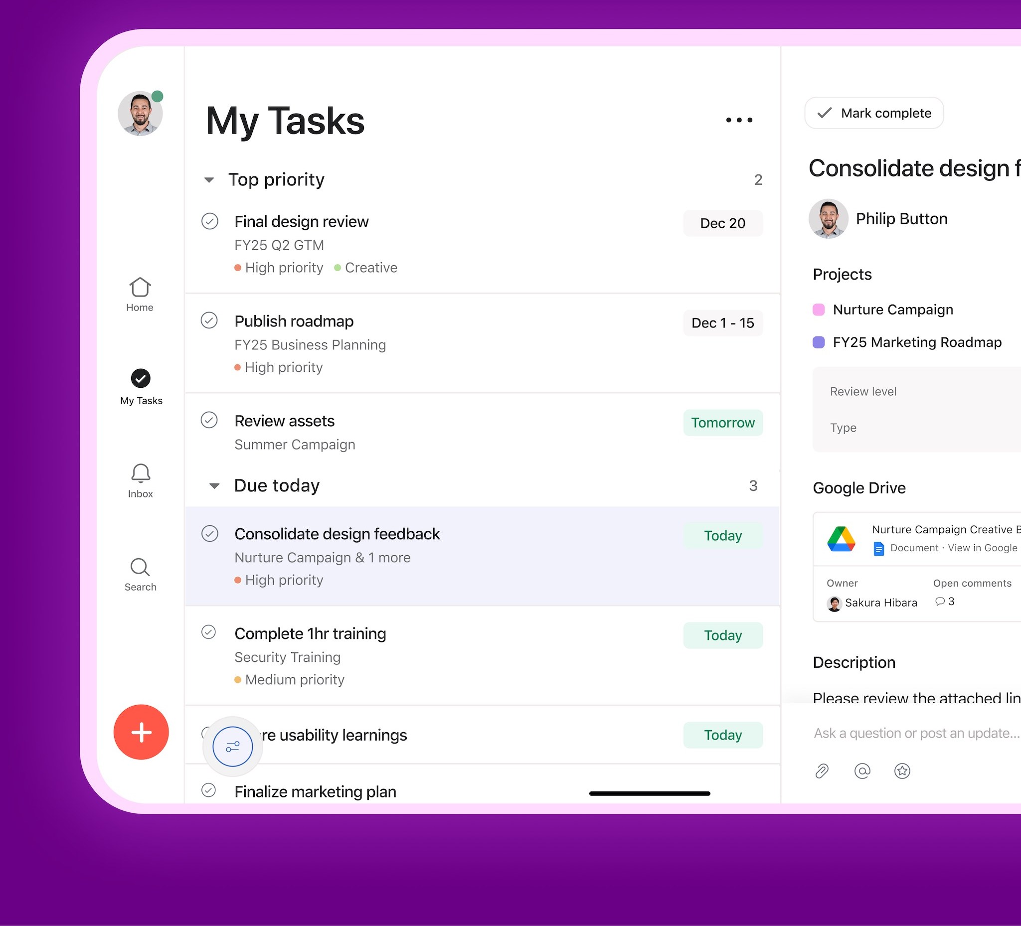 Asana My Tasks prioritised by due date (App Store screenshot)