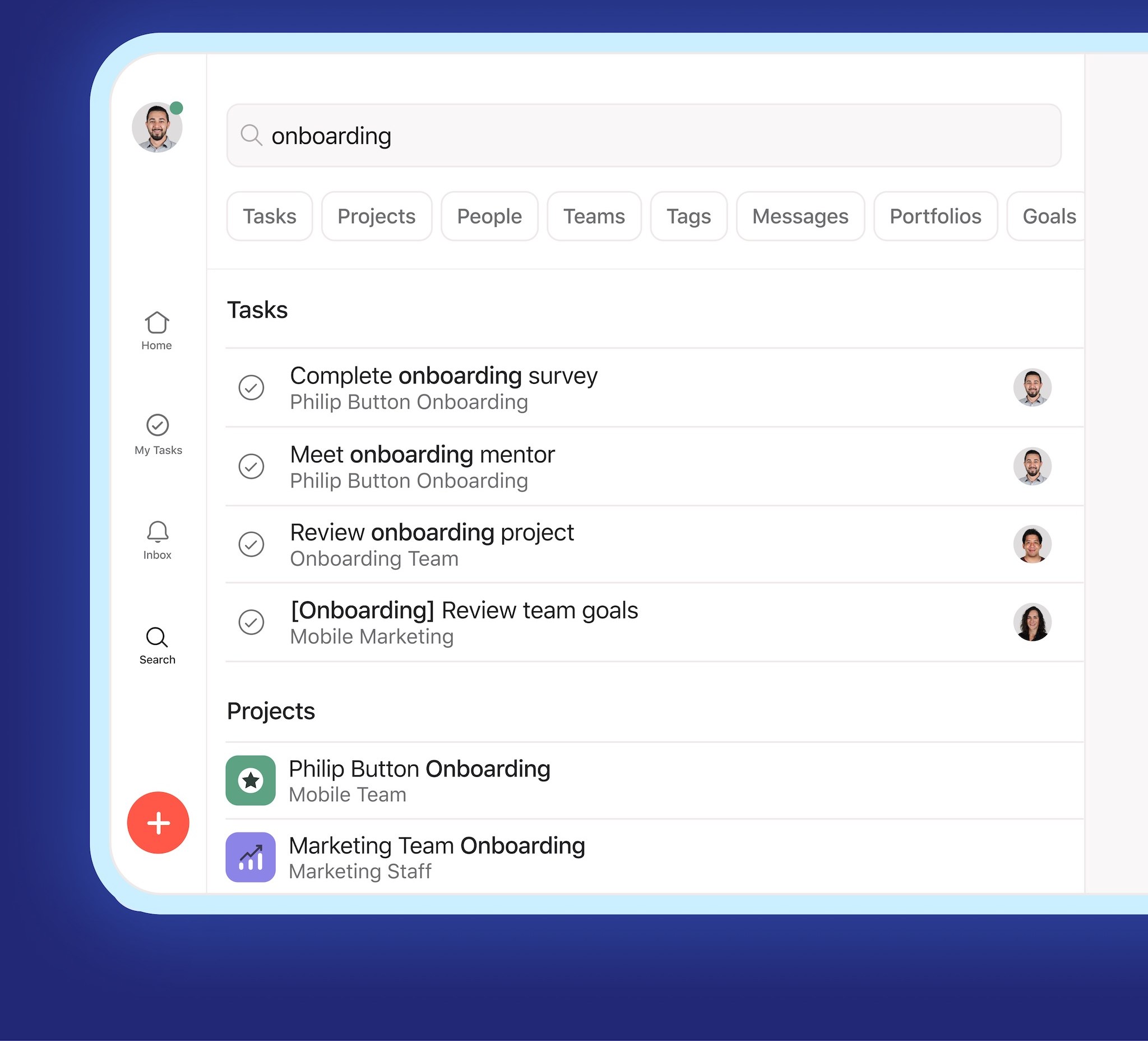 Asana search across tasks, projects, people and teams (App Store screenshot)