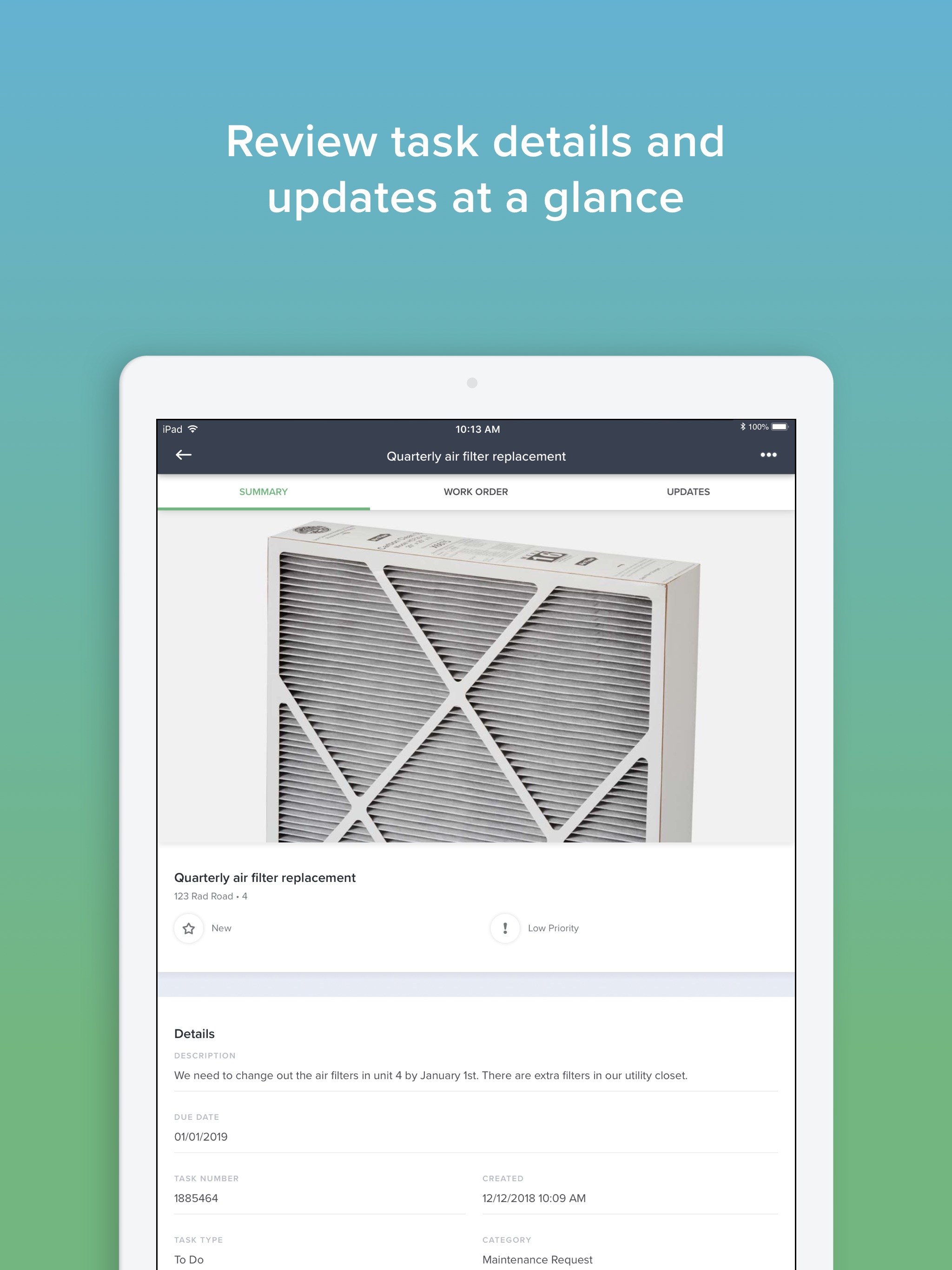 Buildium task details and updates (App Store screenshot)