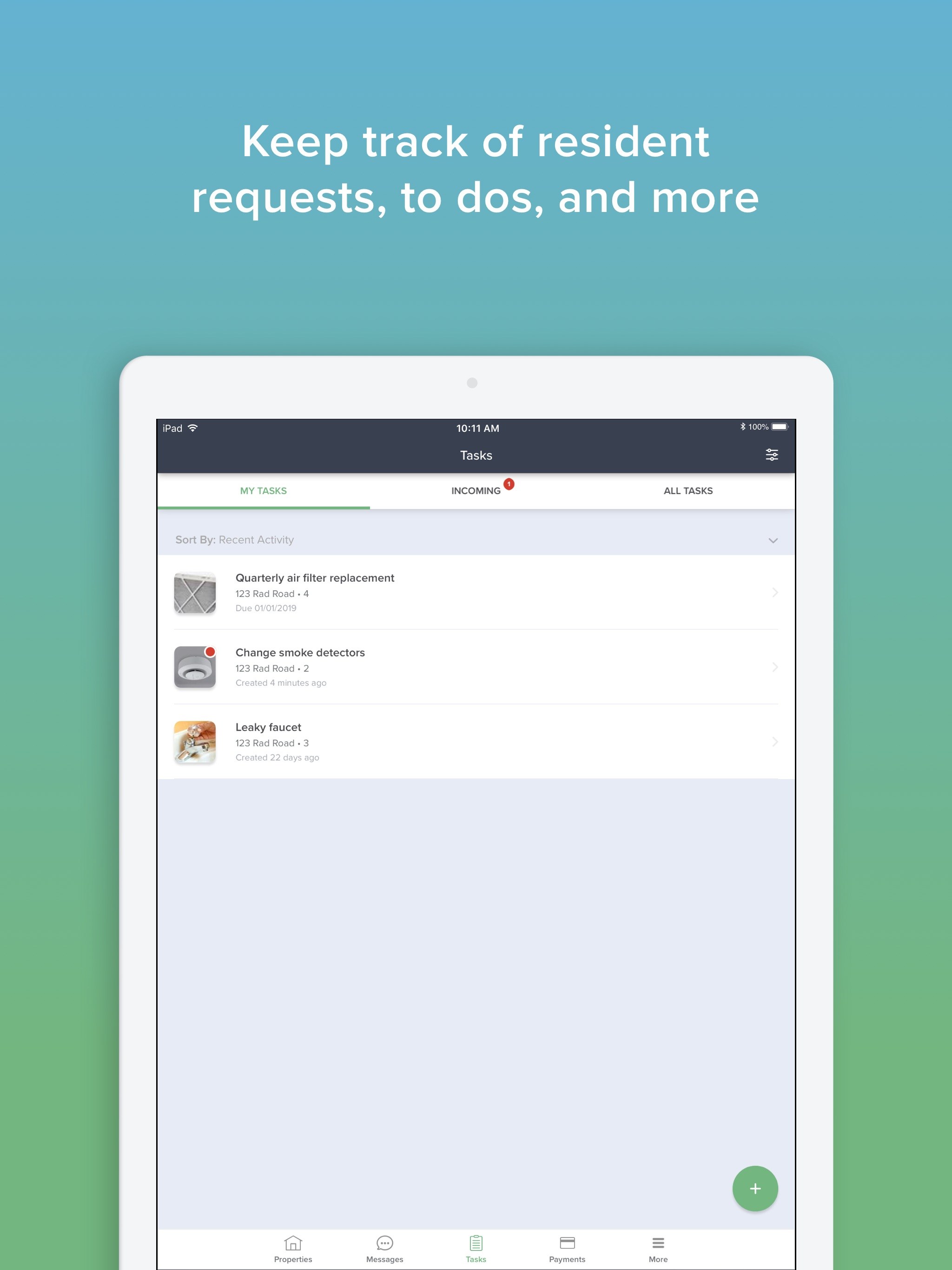 Buildium tracking resident requests and to-dos (App Store screenshot)