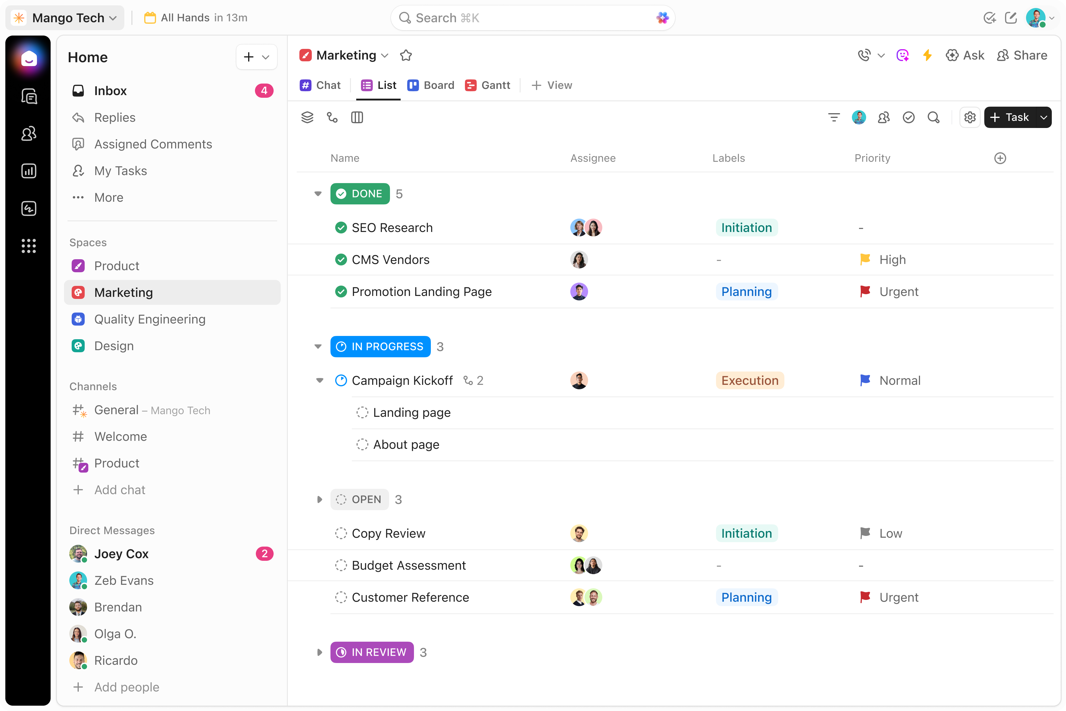 ClickUp List view with tasks, assignees and priorities
