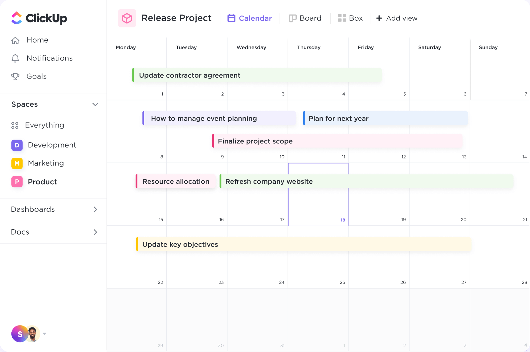 Calendar view of project tasks across the month