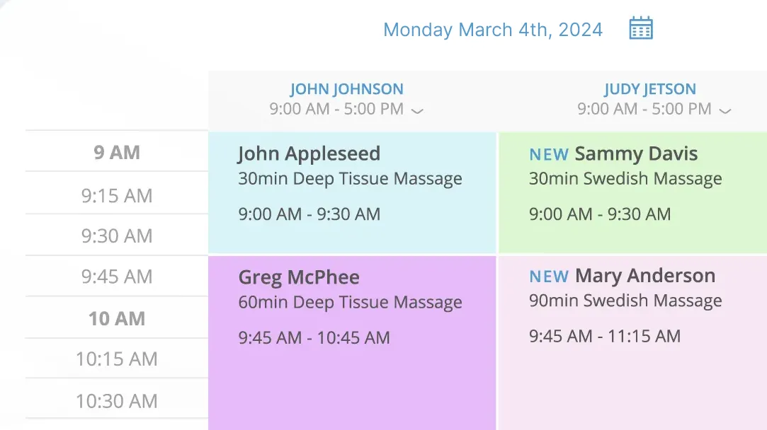 ClinicSense calendar with client appointments (clinicsense.com)
