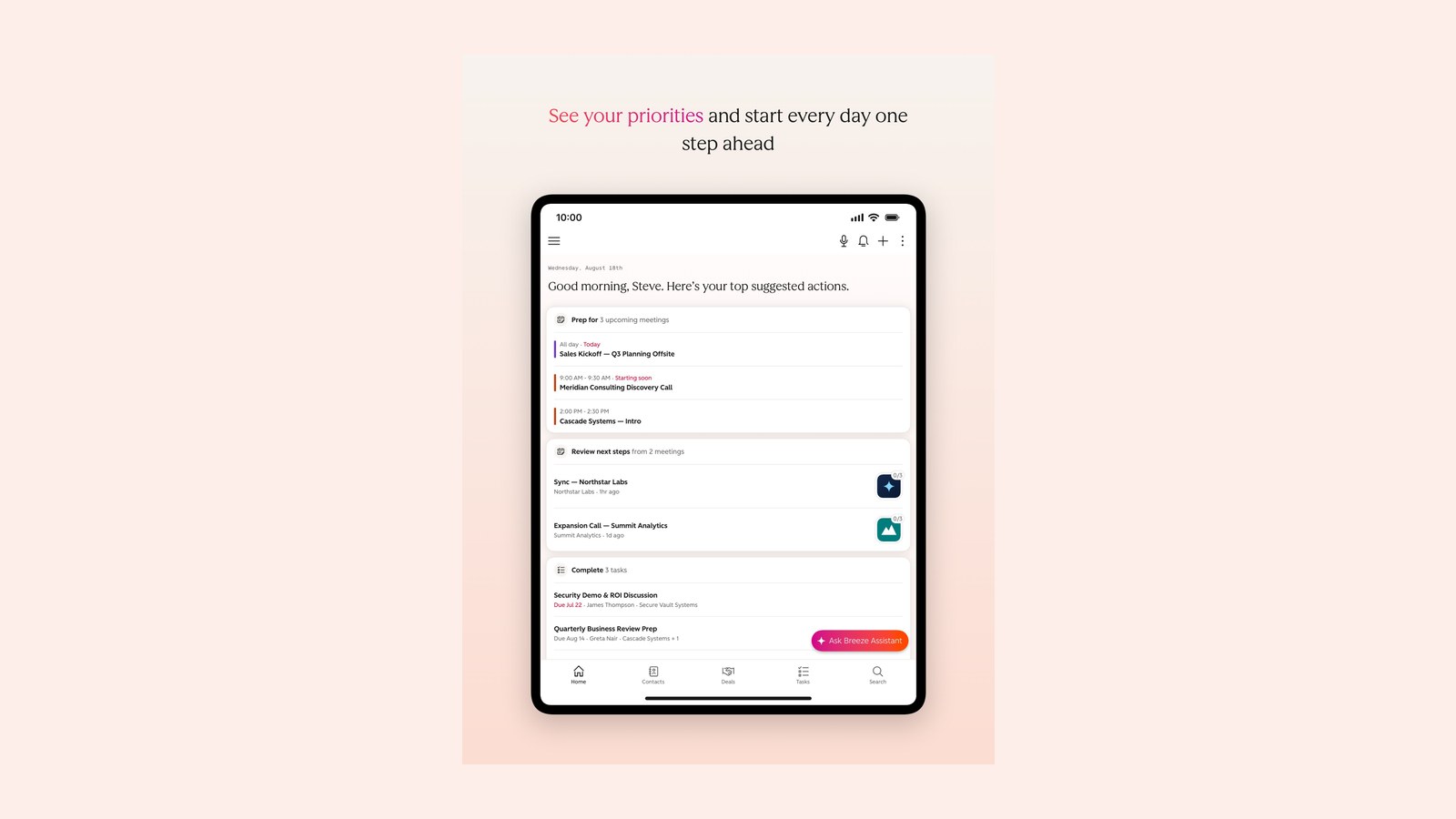 HubSpot mobile home with suggested actions (App Store screenshot)