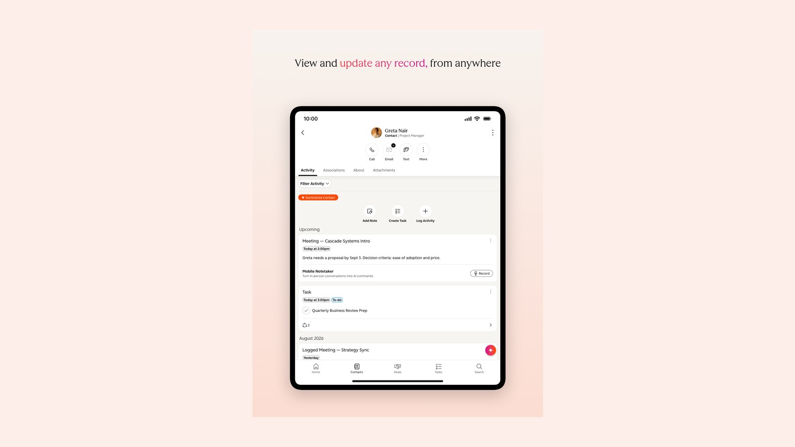 HubSpot contact record with activity timeline (App Store screenshot)