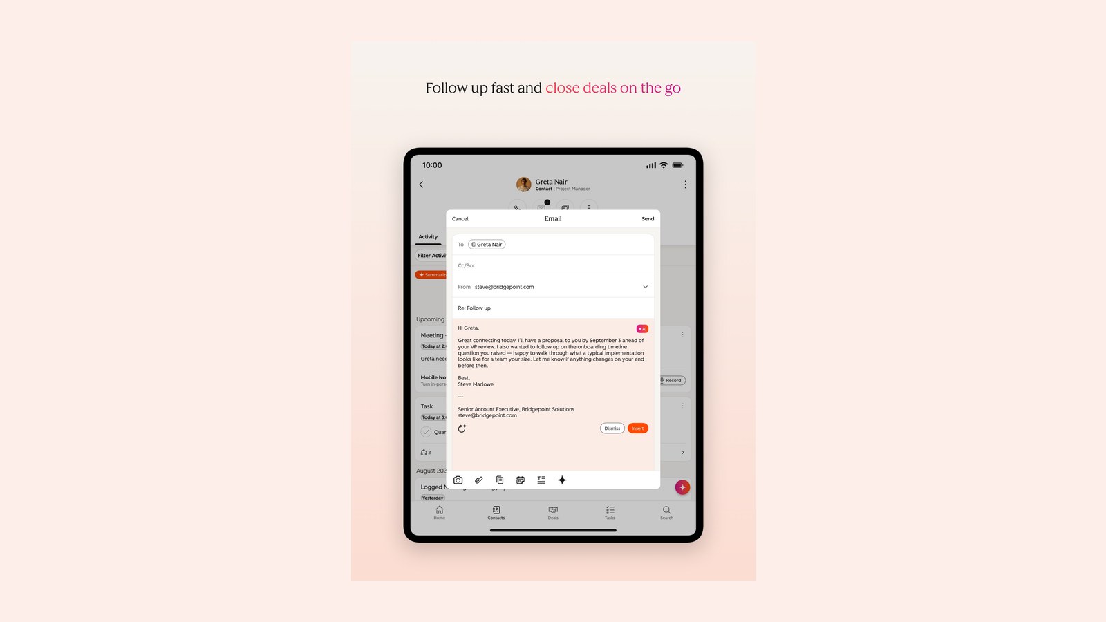 HubSpot email composer on a contact (App Store screenshot)