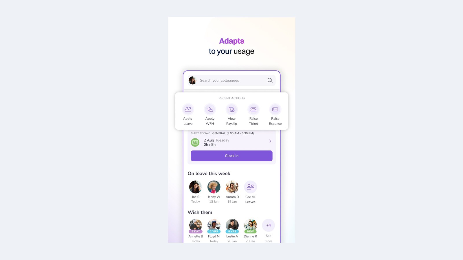 Keka home with quick actions and who is on leave (App Store screenshot)