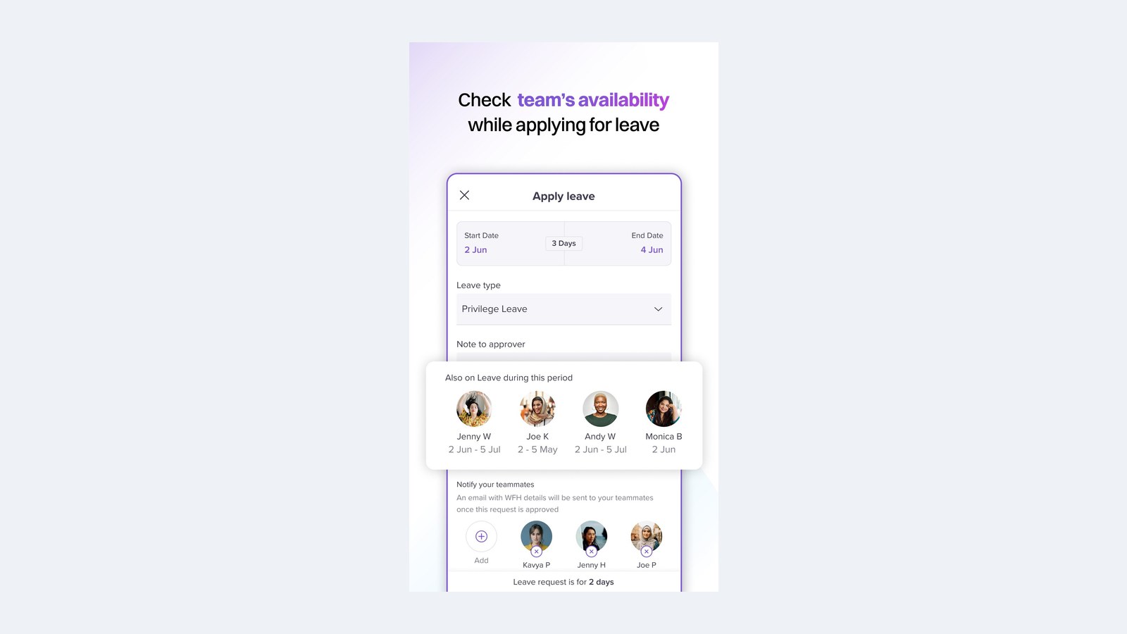Keka leave request with team availability (App Store screenshot)