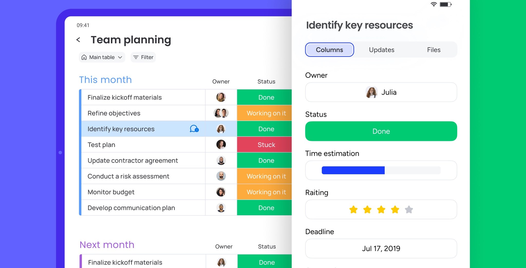 monday.com board with the item side panel (App Store screenshot)