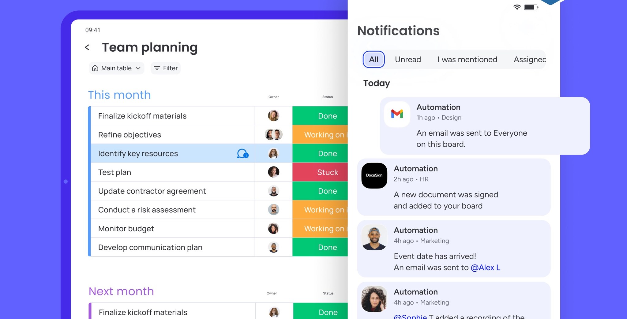 monday.com board with automations and notifications (App Store screenshot)