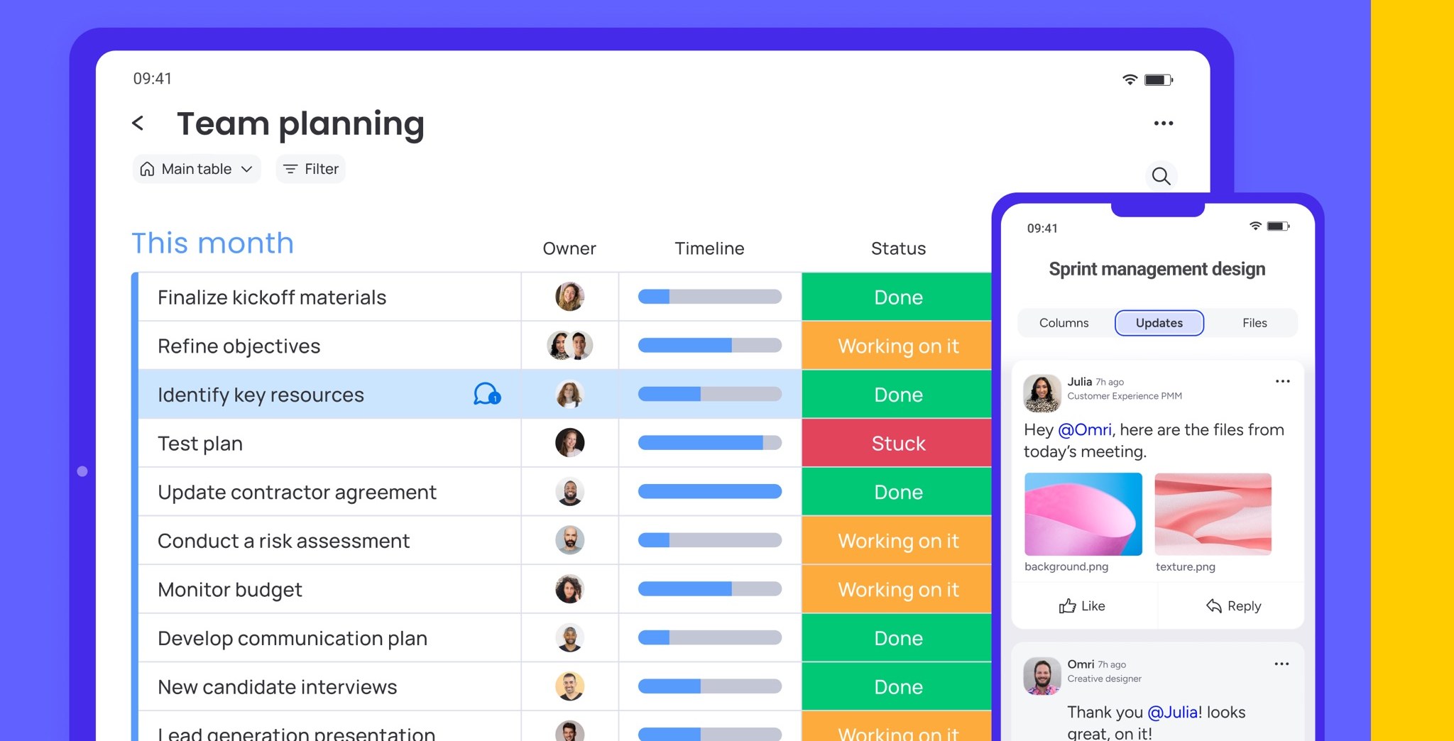 monday.com board with timeline column and mobile updates (App Store screenshot)