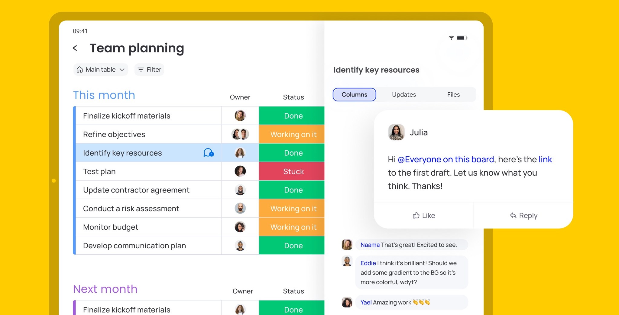monday.com item updates and comments (App Store screenshot)