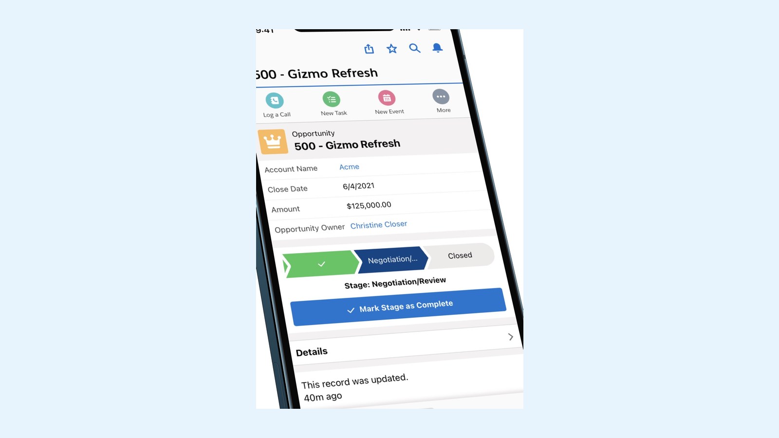 Salesforce opportunity stages and details (App Store screenshot)
