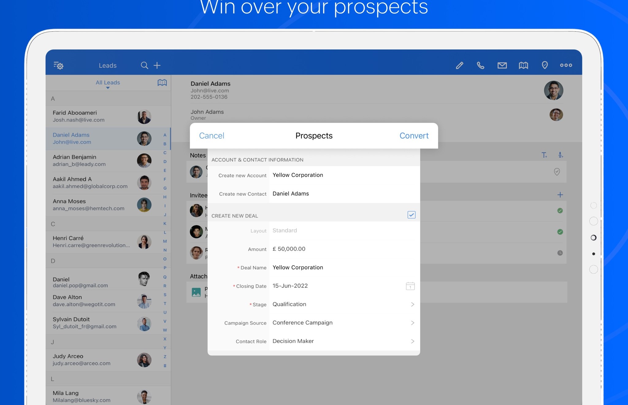 Zoho CRM leads to deals conversion (App Store screenshot)