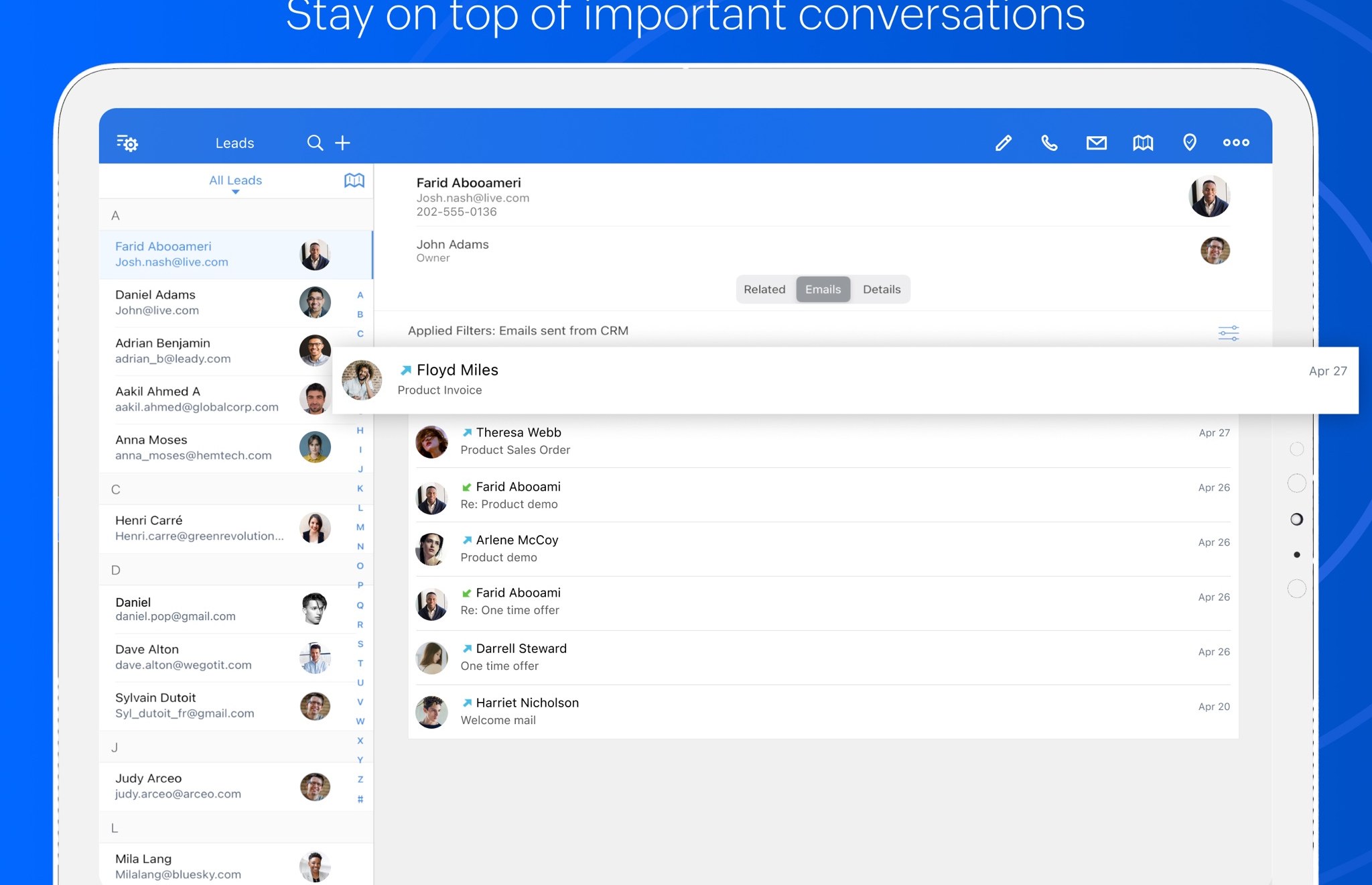 Zoho CRM built-in email on a lead (App Store screenshot)