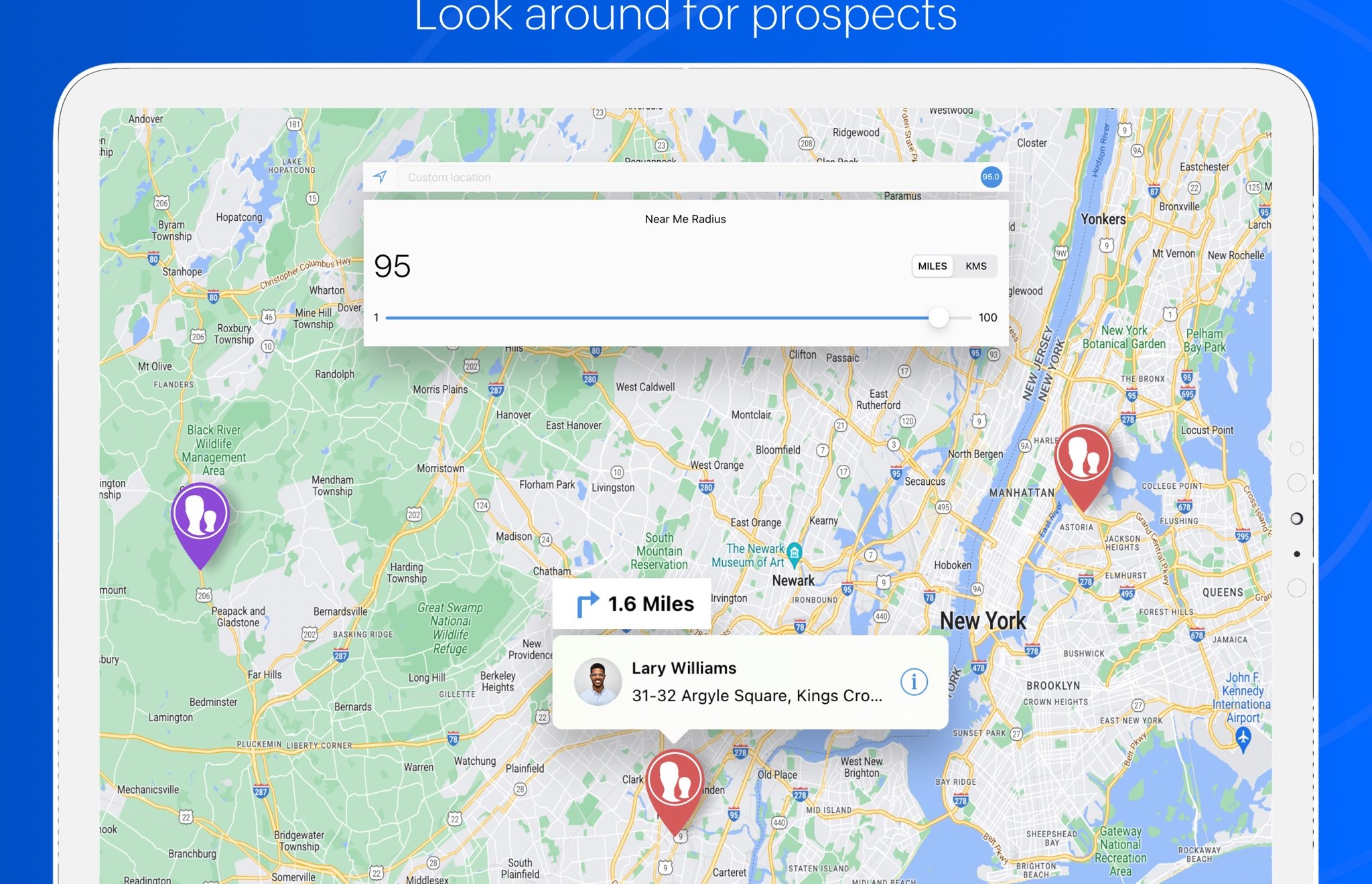 Zoho CRM map view of prospects (App Store screenshot)